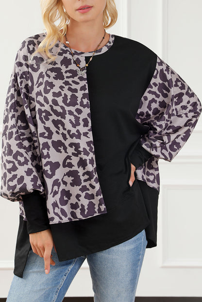 Black Leopard Patchwork Bishop Sleeve Slit Sweatshirt Aaria Tees