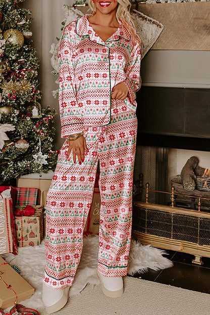 White Christmas Pattern Print Shirt Style Long 2pcs Pajama Set