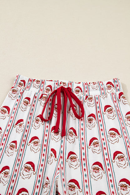 White Father Christmas Striped Print Contrast Drawstring Lounge Pant Set