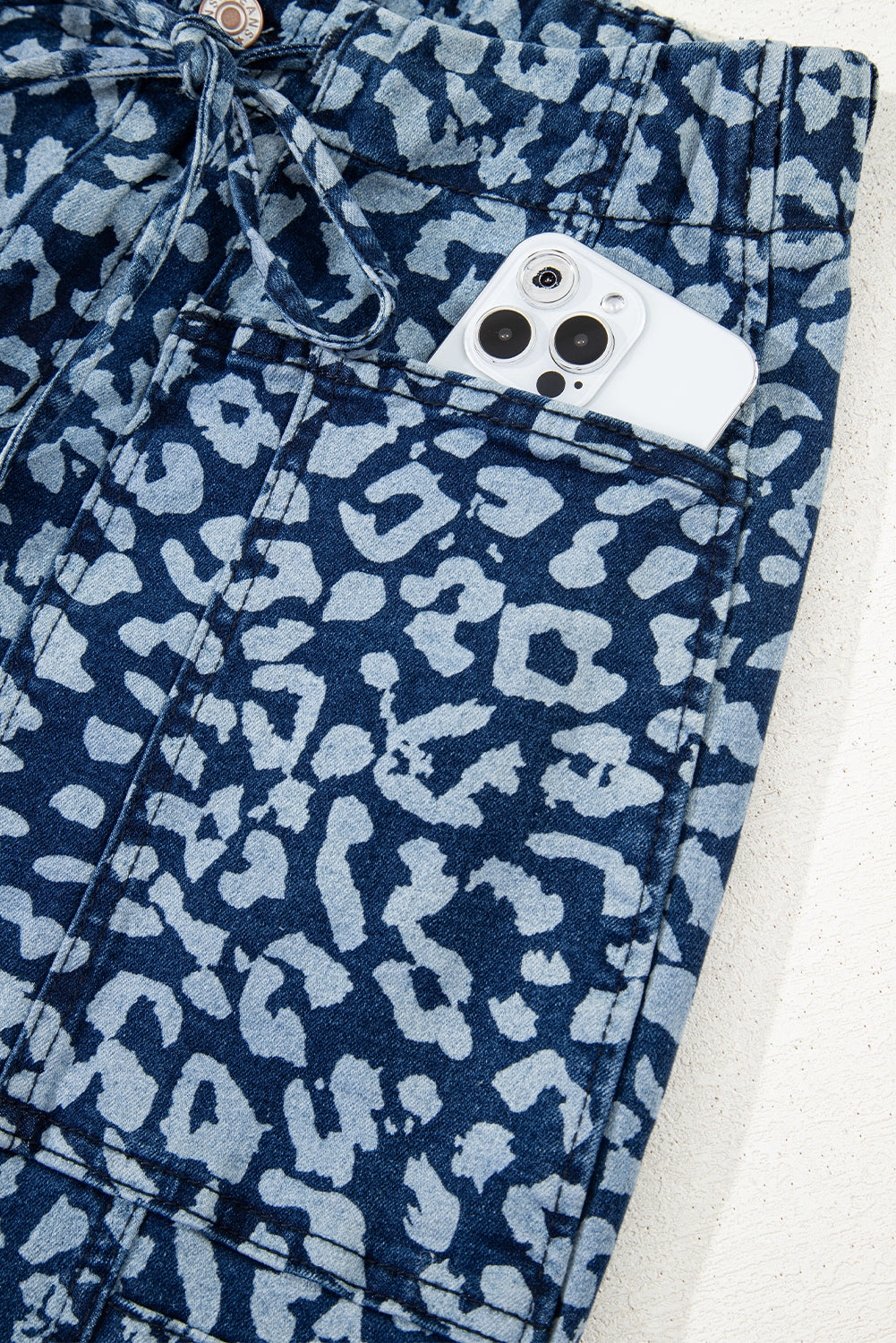 Blue Leopard Printed Drawstring Waist Pocketed Wide Leg Jeans