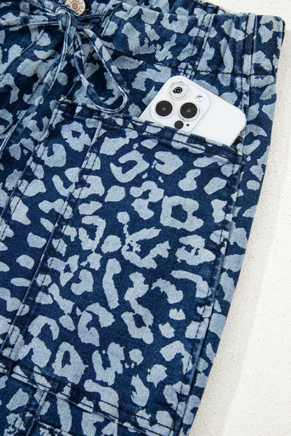 Blue Leopard Printed Drawstring Waist Pocketed Wide Leg Jeans