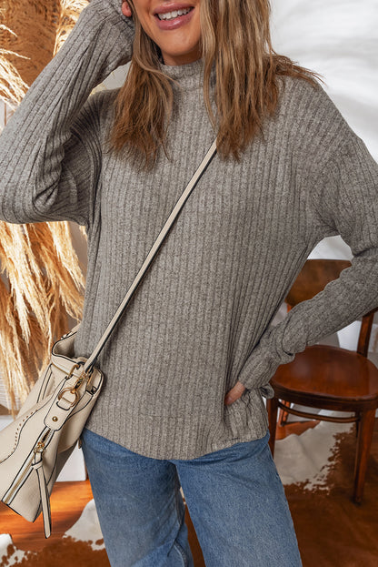 Solid Ribbed Knit Mock Neck Pullover Top
