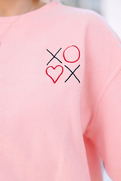Pink 3d Ribbed XOXO Heart Embroidered Drop Shoulder Sweatshirt