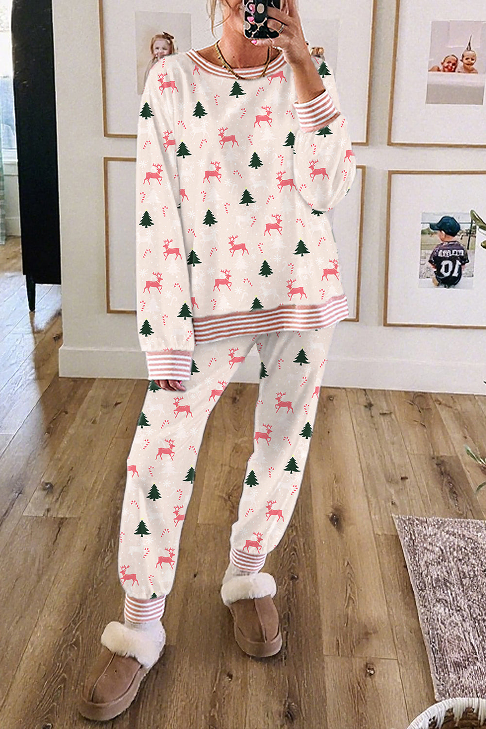 Green Bow Christmas Tree Print Contrast Striped Banding 2pcs Lounge Set