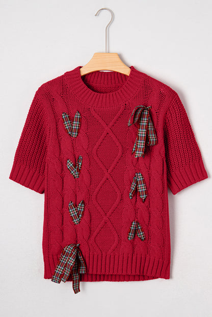 Fiery Red Plaid Lace up Detail Christmas Holiday Puff Short Sleeve Sweater