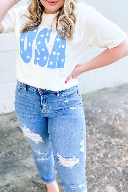 Sky Blue USA Graphic Crewneck Plus Size Patriotic Tee Aaria Tees