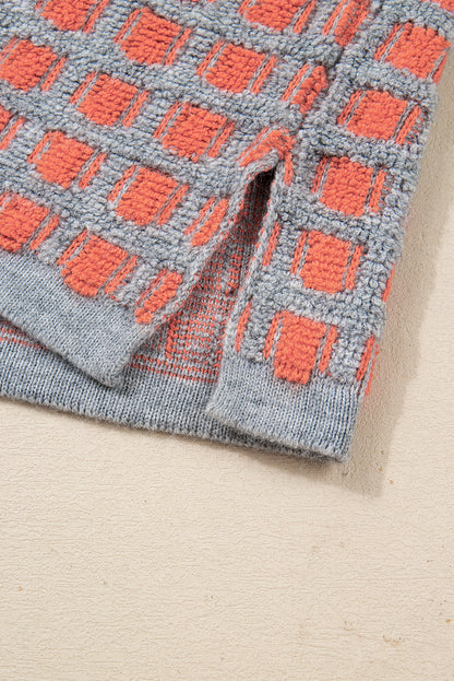 Pink Checkered Oversized Side Slit Sweater