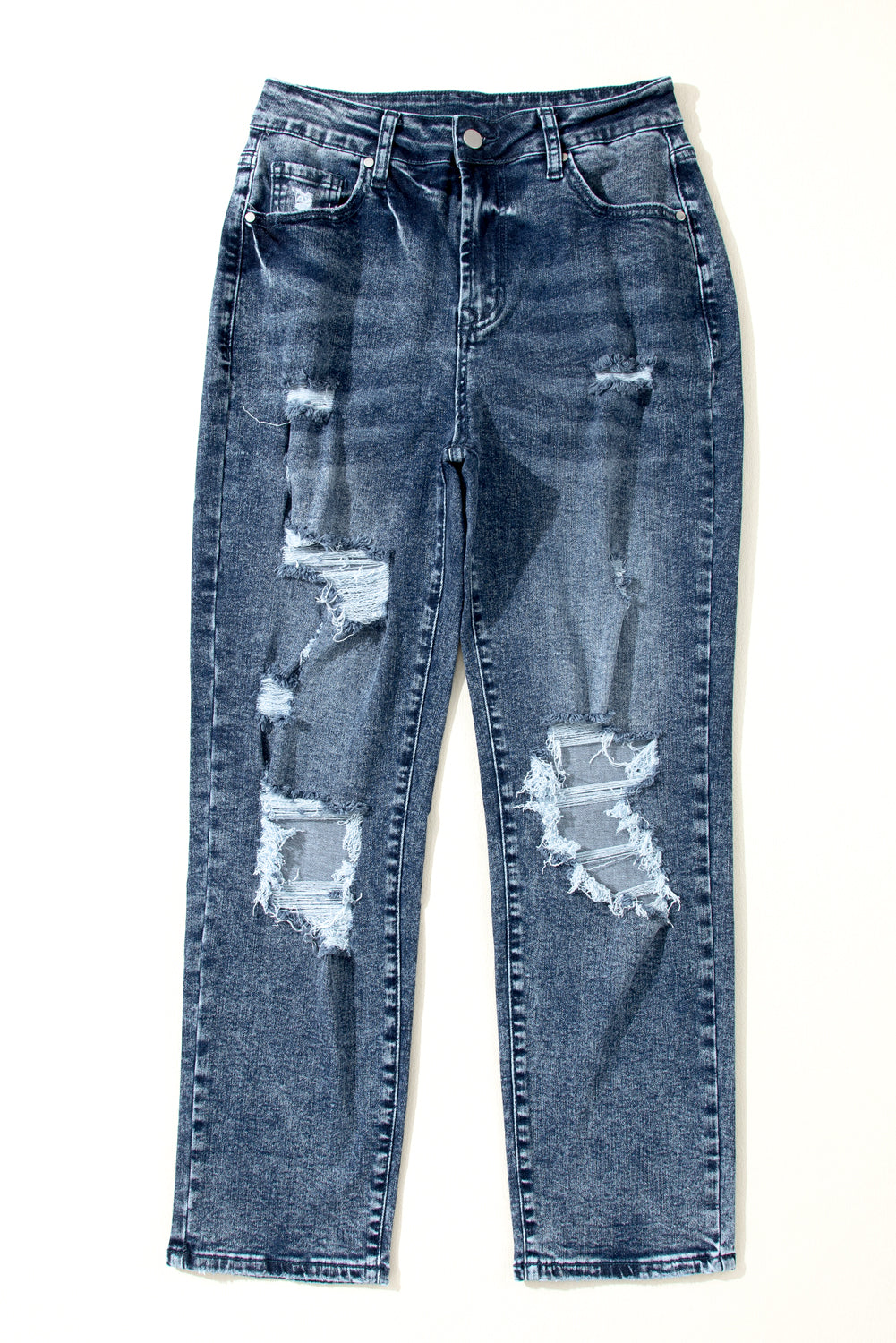 Sky Blue Light Wash Frayed Slim Fit High Waist Jeans - Aaria Tees Aaria Tees
