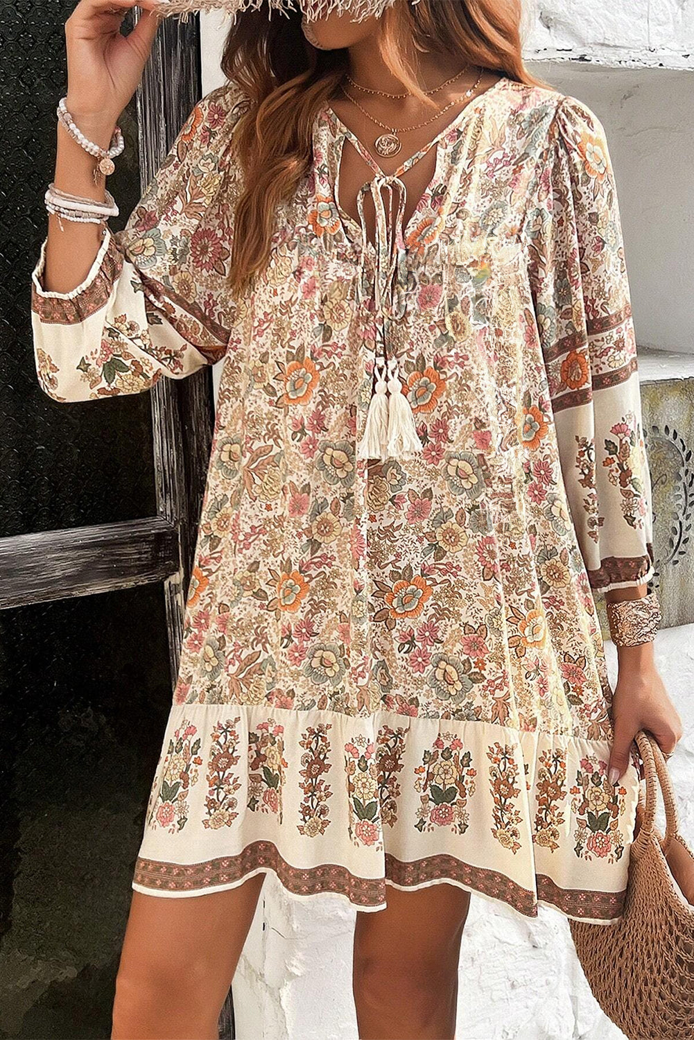 Apricot Floral Print Tassel Drawstring V Neck Loose Mini Dress Aaria Tees