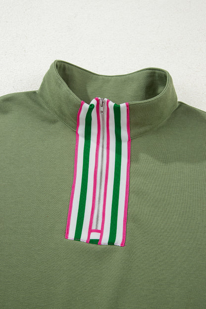 Vineyard Green Contrast Striped Patchwork Zip Collar Pullover Sweatshirt