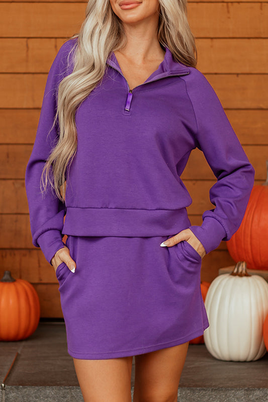 Solid Half Zip Pullover and Mini Skort Set