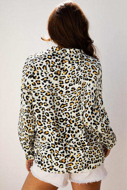 Leopard Contrast Stripe V-Neck Long Sleeve Blouse
