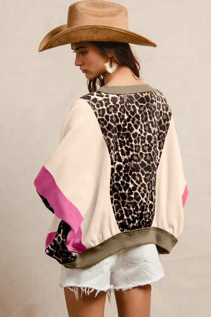 Brown Leopard Print Color Block Patchwork 3/4 Sleeve Loose Top