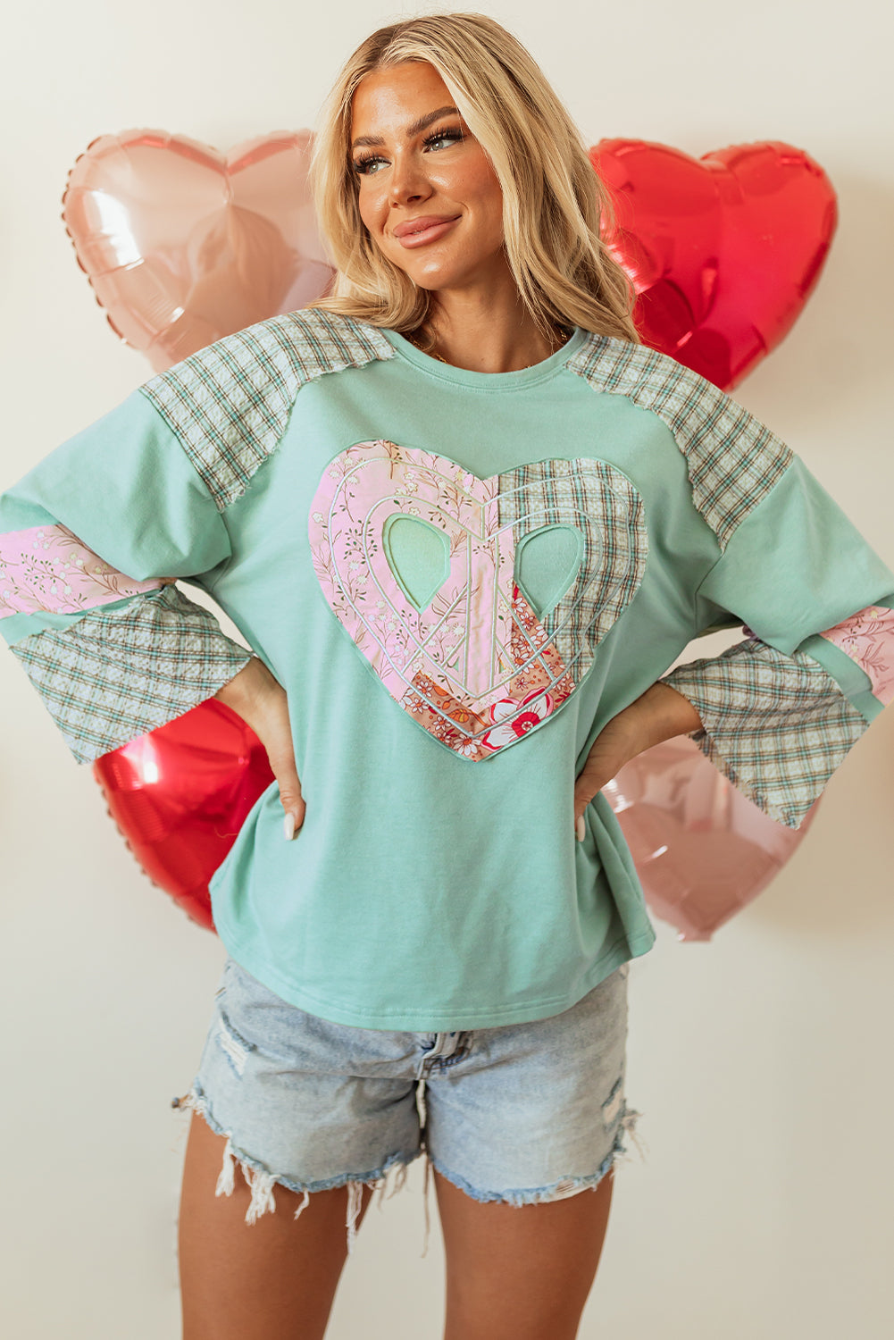 Clearly Aqua Plaid Floral Peace Heart Graphic Wide Long Sleeve Top - Aaria Tees