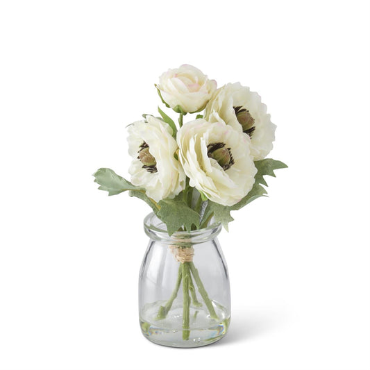 6.75 Inch White Ranunculus Premade in Glass Vase w/Faux Water
