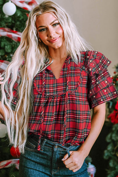 Christmas Plaid Pearl Embellished Ruffle Sleeve Blouse