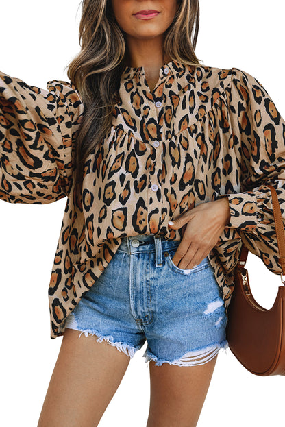 Jet Stream Oversized Leopard Print Balloon Sleeve Casual Shirt - Aaria Tees