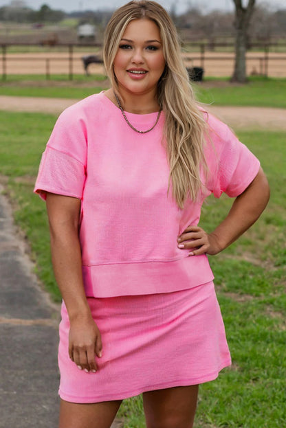 Pink Ribbed Drop Shoulder Tee and Skort Plus Size Set