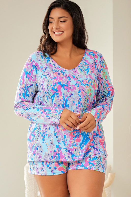 Sky Blue Plus Size Floral Print Long Sleeve and Shorts Lounge Outfit Aaria Tees