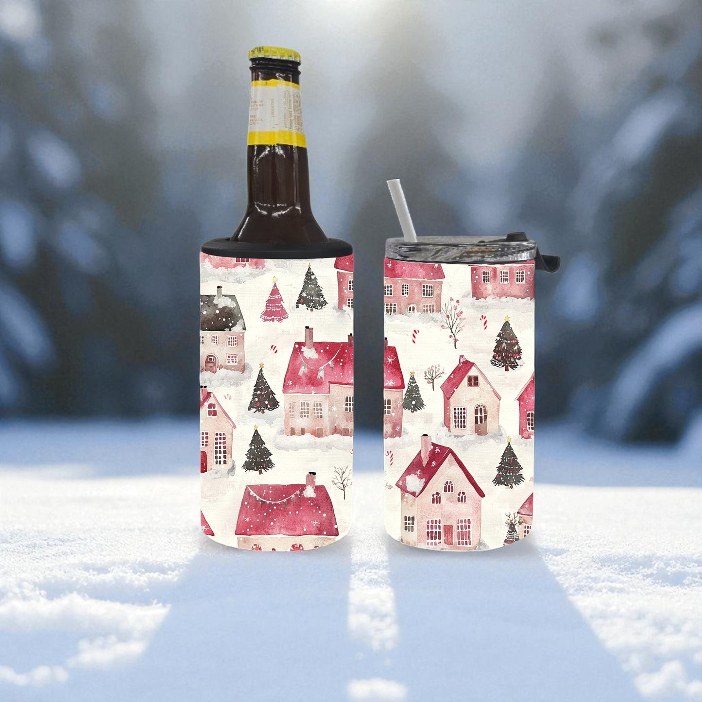 Cozy Christmas Village 4-in-1 Can Cooler Tumbler