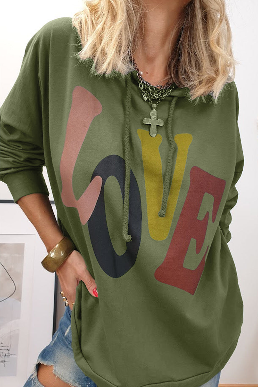 Mist Green LOVE Letter Graphic Drop Shoulder Oversize Hoodie - Aaria Tees