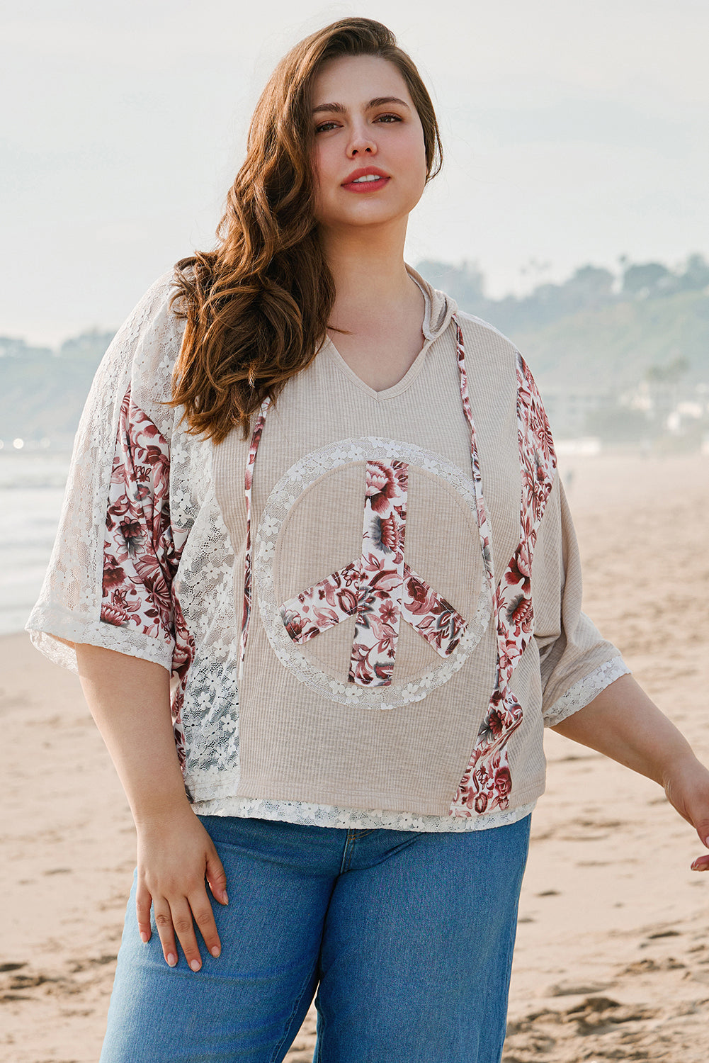 Khaki V Neck Floral Peace Sign Graphic Lace Patch Ribbed Plus Size Hooded Top - Aaria Tees Aaria Tees