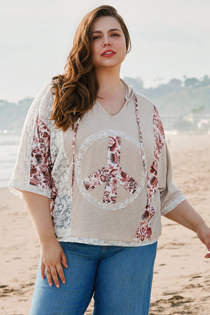 Khaki V Neck Floral Peace Sign Graphic Lace Patch Ribbed Plus Size Hooded Top - Aaria Tees