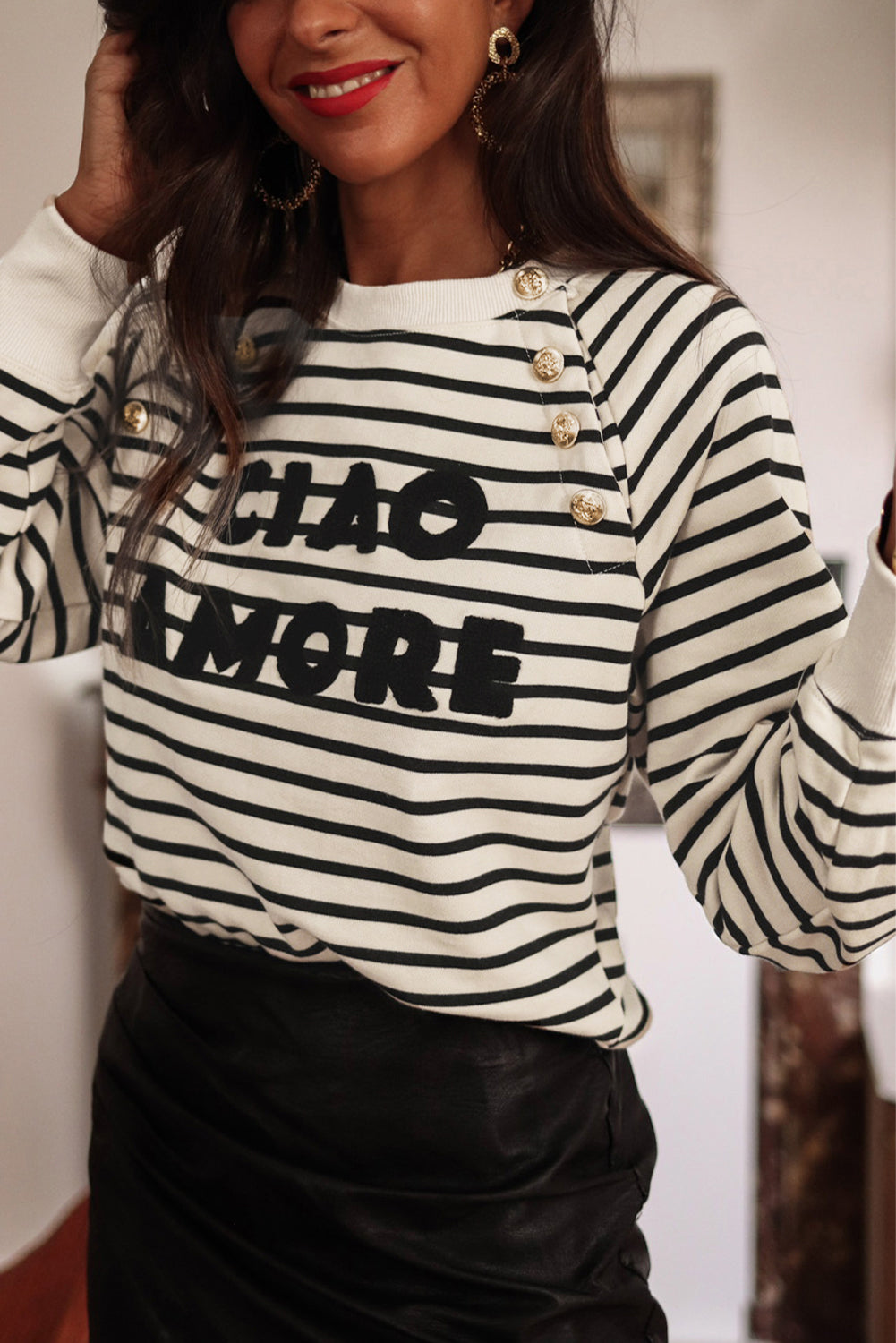 Black Stripe CIAO AMORE Graphic Buttoned Pullover Sweatshirt - Aaria Tees