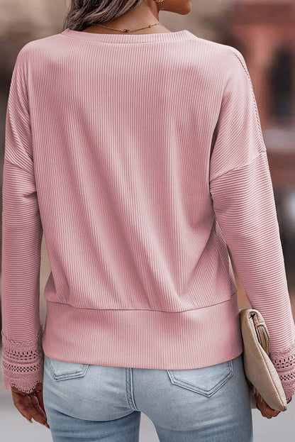 Lola Ribbed Texture Lace Trim V Neck Long Sleeve Top - Aaria Tees