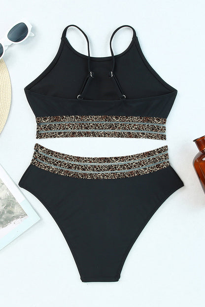Edith Leopard Mesh Trim 2pcs Bikini Swimsuit