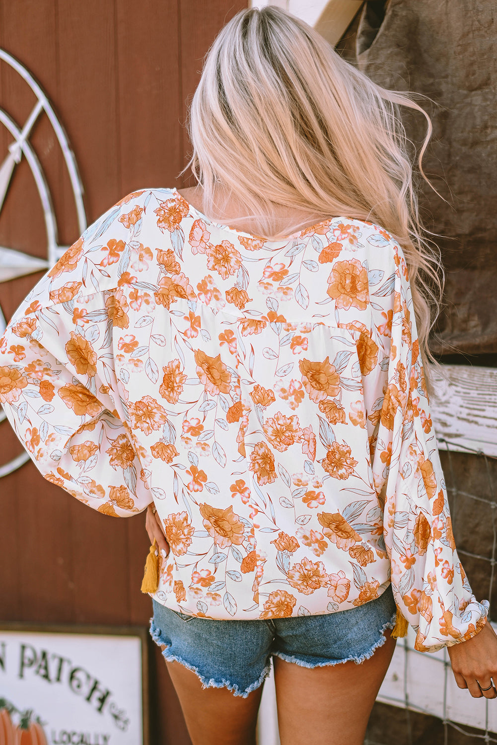 White Tassel Tie V Neck Bubble Sleeve Floral Blouse Aaria Tees
