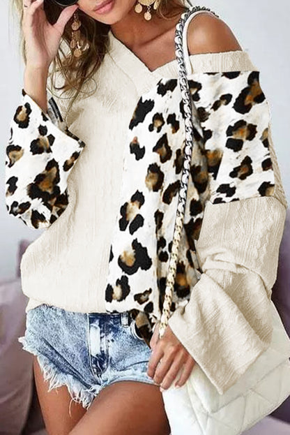 Beige Asymmetric Leopard Patchwork Wide Sleeve V Neck Sweater Aaria Tees