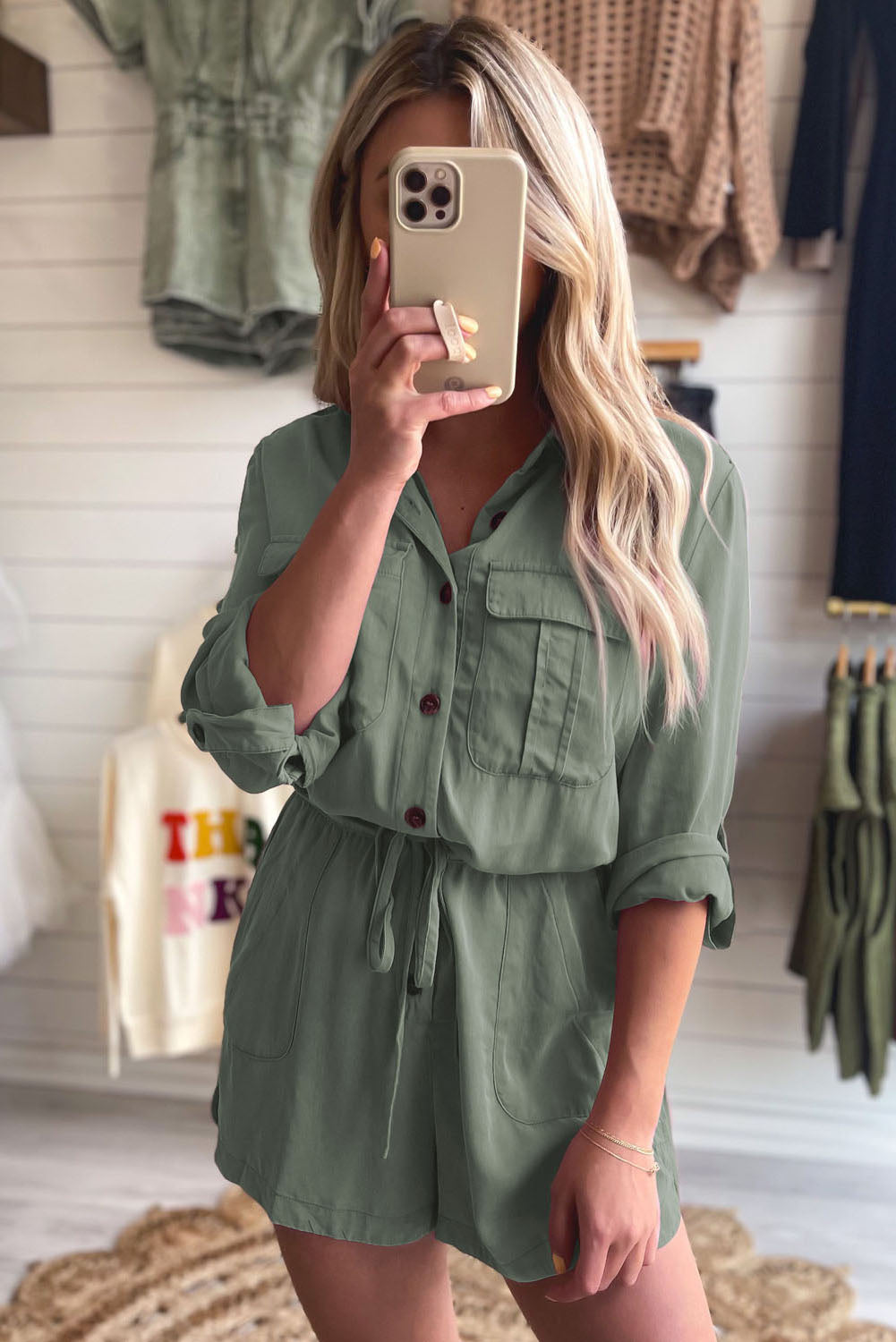 Reese Roll up Sleeve Flap Pockets Drawstring Romper Threaded Pear Aaria Tees