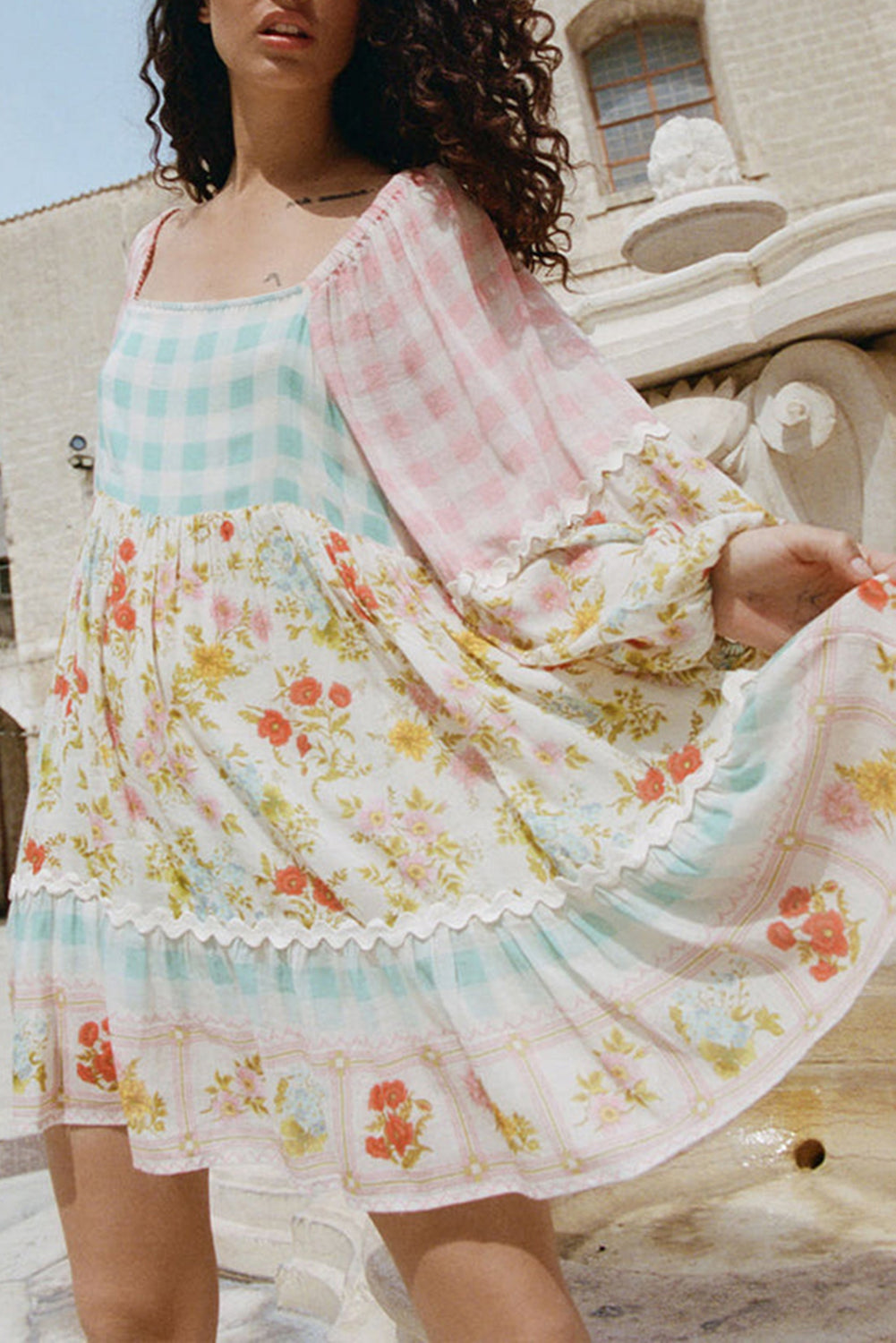 Pink Ric Rac Plaid Floral Print Patchwork Bubble Sleeve Dress Aaria Tees