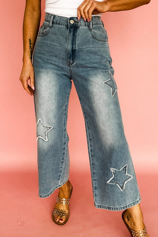 Stone Blue Star Patchwork Cropped Wide Leg High Waist Jeans
