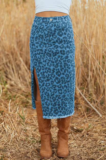 Sky Blue Leopard Denim Frayed Split Denim Midi Skirt