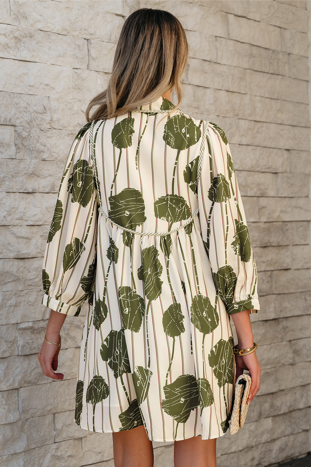 Guacamole Green Floral Striped Print Contrast Piping Puff Sleeve Dress - Aaria Tees Aaria Tees