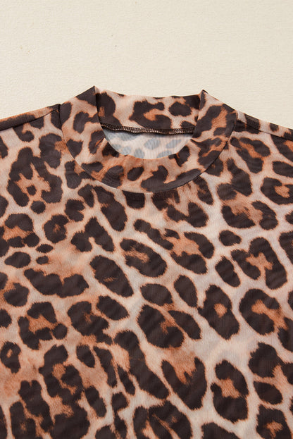 Leopard Mesh Mock Neck Long Sleeve Top