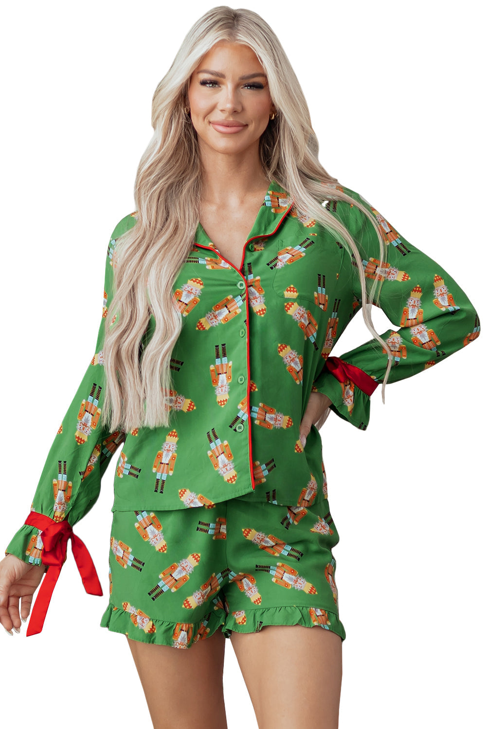Christmas Bow Top and Ruffle Shorts Pajama Set