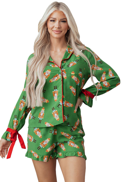 Christmas Bow Top and Ruffle Shorts Pajama Set