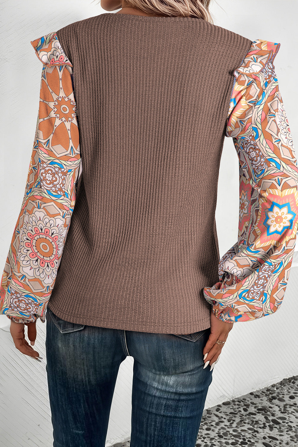 Coffee Ruffled Floral Sleeve Patchwork Waffle Knit O Neck Blouse Aaria Tees