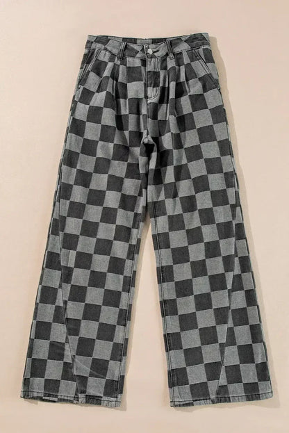 Dusk Blue Checkered Light Washed Wide Leg Jeans