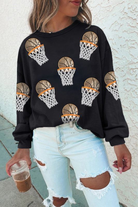 Black Basketball Patched Game Day Crew Neck Graphic Sweatshirt Aaria Tees