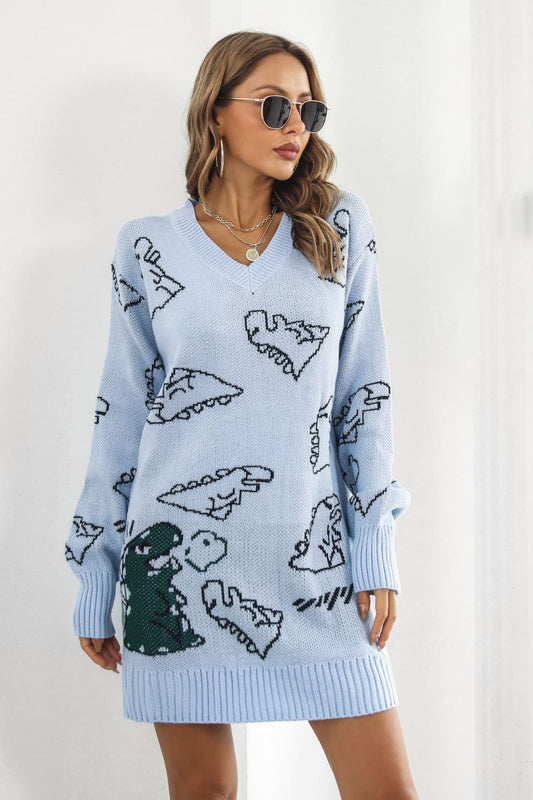 Dinosaur Pattern V-Neck Sweater Dress