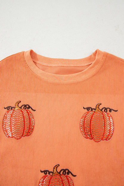 Orange Sequin Pumpkin Patched Twisted Rib Baggy Sweatshirt