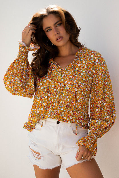 Orange Boho Floral Ruffled Bubble Sleeve V Neck Fall Blouse