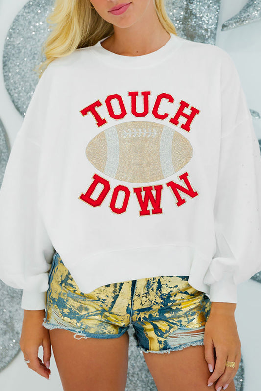 White TOUCH DOWN Football Graphic Pullover Sweatshirt - Aaria Tees