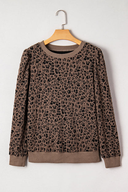 Leopard Ribbed Trim Long Sleeve Top