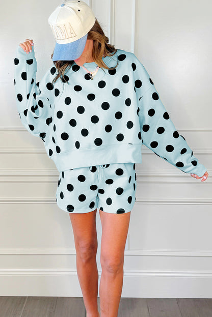 Sky Blue Polka Dot Print Drop Shoulder Pullover Drawstring Shorts Set