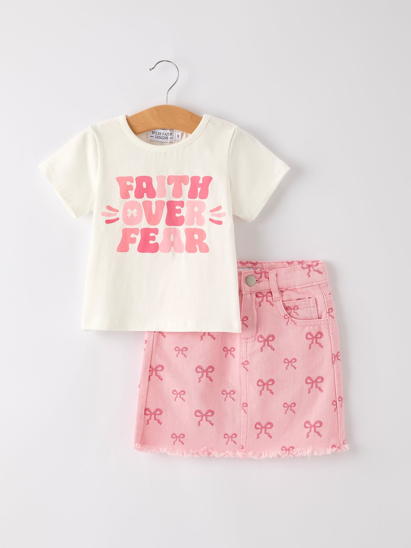 Girls Set Letter T-shirt + Pink Bow Printed Denim Skirt